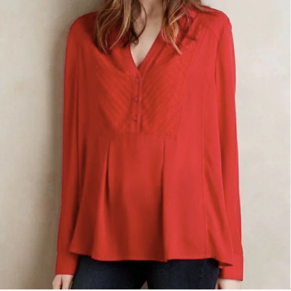 Anthropologie‎ Maeve Red De Stijl Half Button Up Long Sleeve Collared Blouse